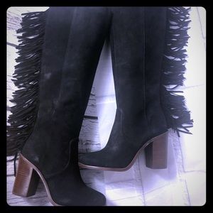 GIANNI BINI Fringe black leather boots block heel